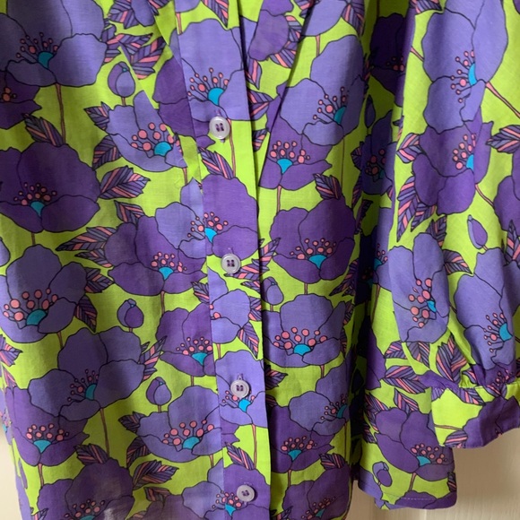 BEAUTIFUL SMYTHE V-NECK FRONTIER COTTON BLOUSE SHIRT IN CHARTREUSE FLORAL - Picture 7 of 16